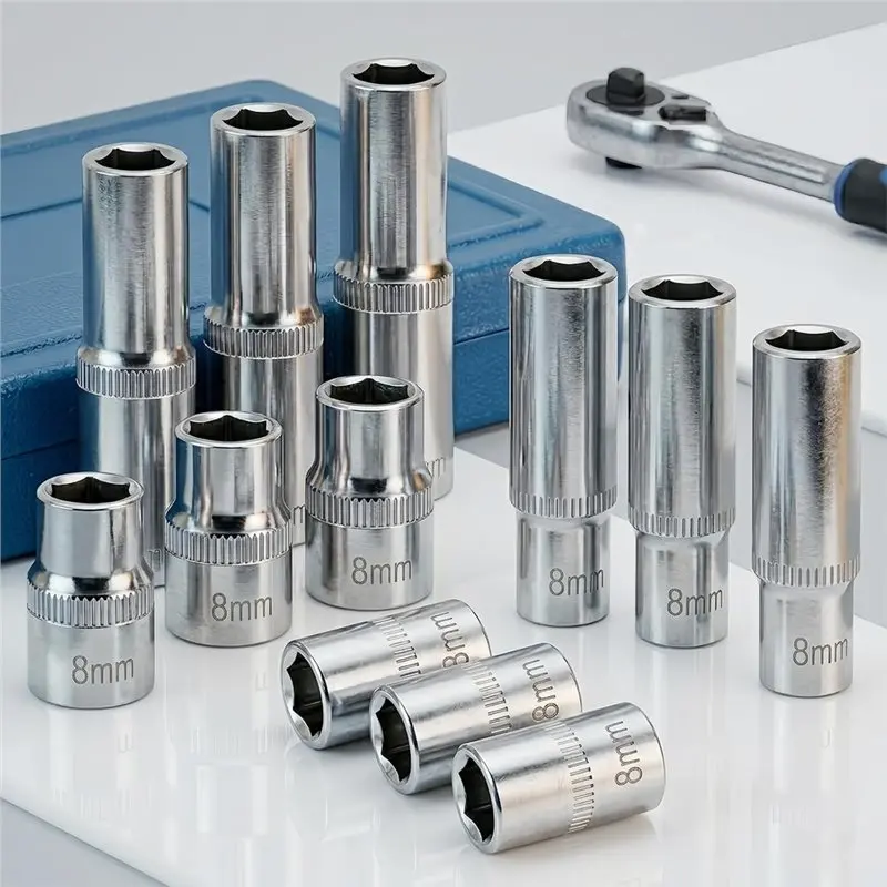 For Electric Wrenches Car Repair Tool- 12 Pcs 8Mm Deep& Shallow Sockets, 1/4-Inch& 3/8-Inch Drive 6-Point Impact Set-AA26