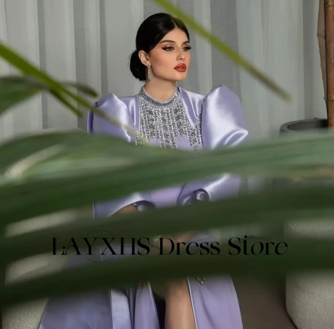 LAYXHS فساتين سهرة رائعة باللون الأرجواني برقبة دائرية حورية البحر منتفخة نصف كم مطرز بفتحة جانبية فساتين لحضور الحفلات الموسيقية مخصصة Fساتين