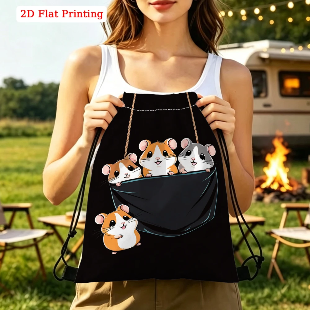 Cute Cartoon Hamster 2D Print Drawstring Backpack for Sports Outdoor Travel