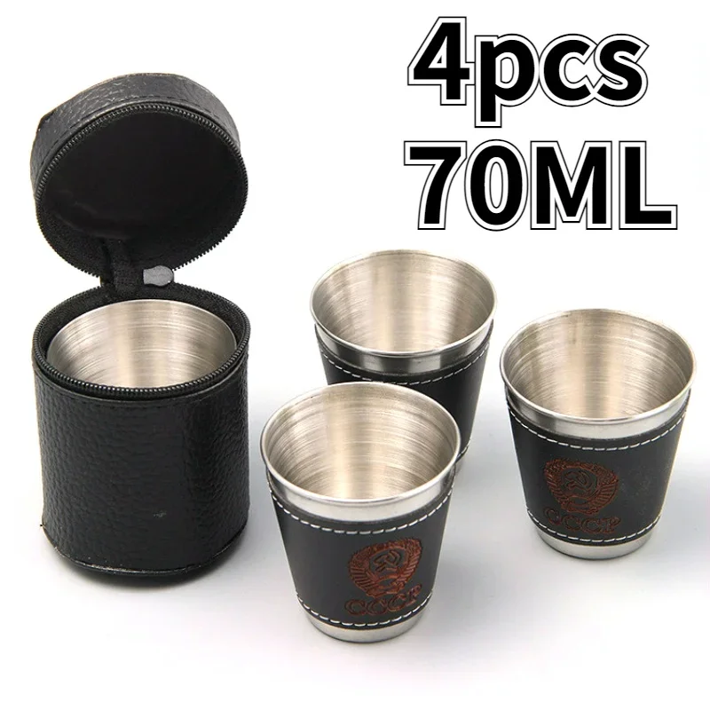 4pcs/lot 30/70ml Outdoor Camping Tableware Travel Cups Set Picnic Supplies Stainless Steel Wine Beer Cup Whiskey Mugs PU Leather