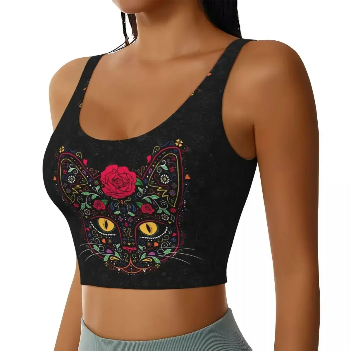Camisetas sin mangas cortas personalizadas para mujer, camisetas sin mangas con calavera de azúcar y gato gatito, Día de los muertos, sujetadores deportivos de Yoga florales mexicanos para Halloween