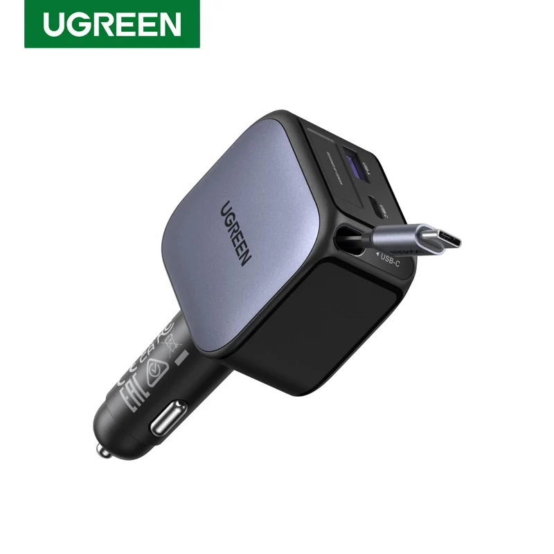 

UGREEN 90W Retractable USB C Car Charger 3 in 1 Fast Charging Type C Cigarette Lighter Adapter Car Charger for iPhone Earbuds