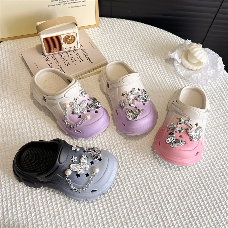 Kids Gradient Butterfly Charm Clogs Breathable Non-slip Platform Sandals with Detachable Decor for Toddler Girls - view 2