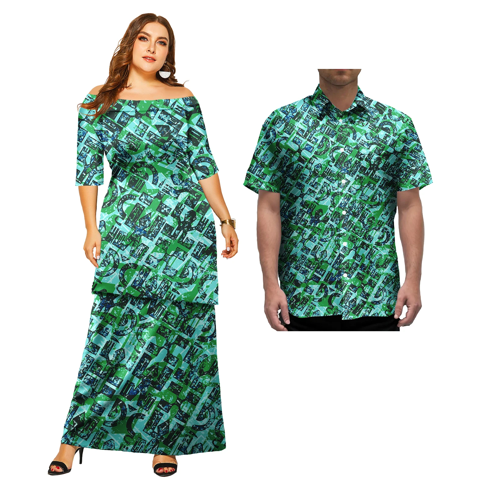 Polynesian puletasi Ladies Short Sleeve Off Shoulder Dress Knee Length Dress Men Short Sleeve T-shirt Buttons Top 2 piece