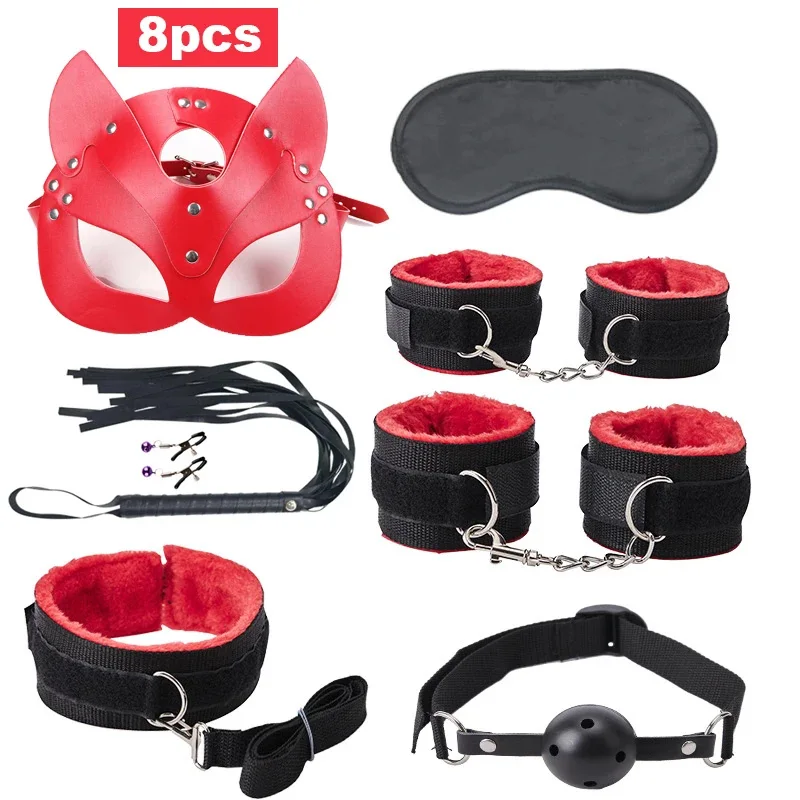 9pcs BDSM Bondage Set for Couples Sexy Cat Mask Handcuffs Ball Gag Flogger Anal Plug Nipple Clamps Fetish Role Play Sex Toy Kit view 6