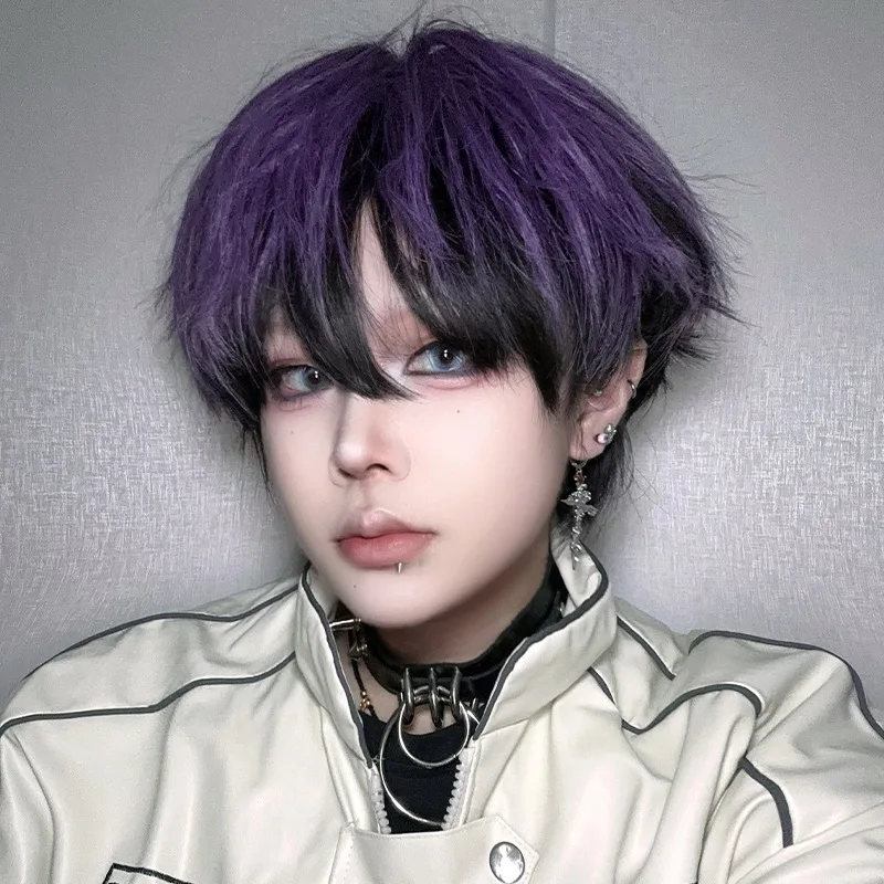 شعر مستعار، شعر قصير محايد، ألياف COS، شعر مقلد، أرجواني داكن، شعر بوب مصبوغ، شعر مستعار قصير