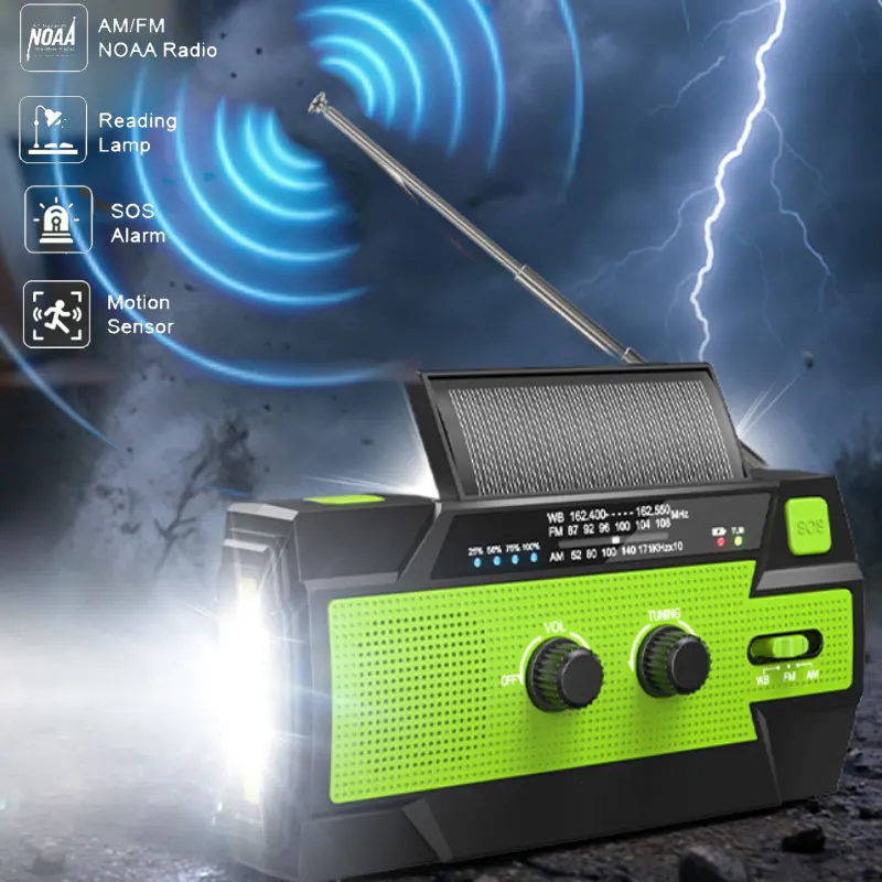 

4000 мАч Powerbank Radio am FM Ручная солнечная портативная радиостанция с 3-режимным фонариком и датчиком движения Лампа для чтения SOS Emergency