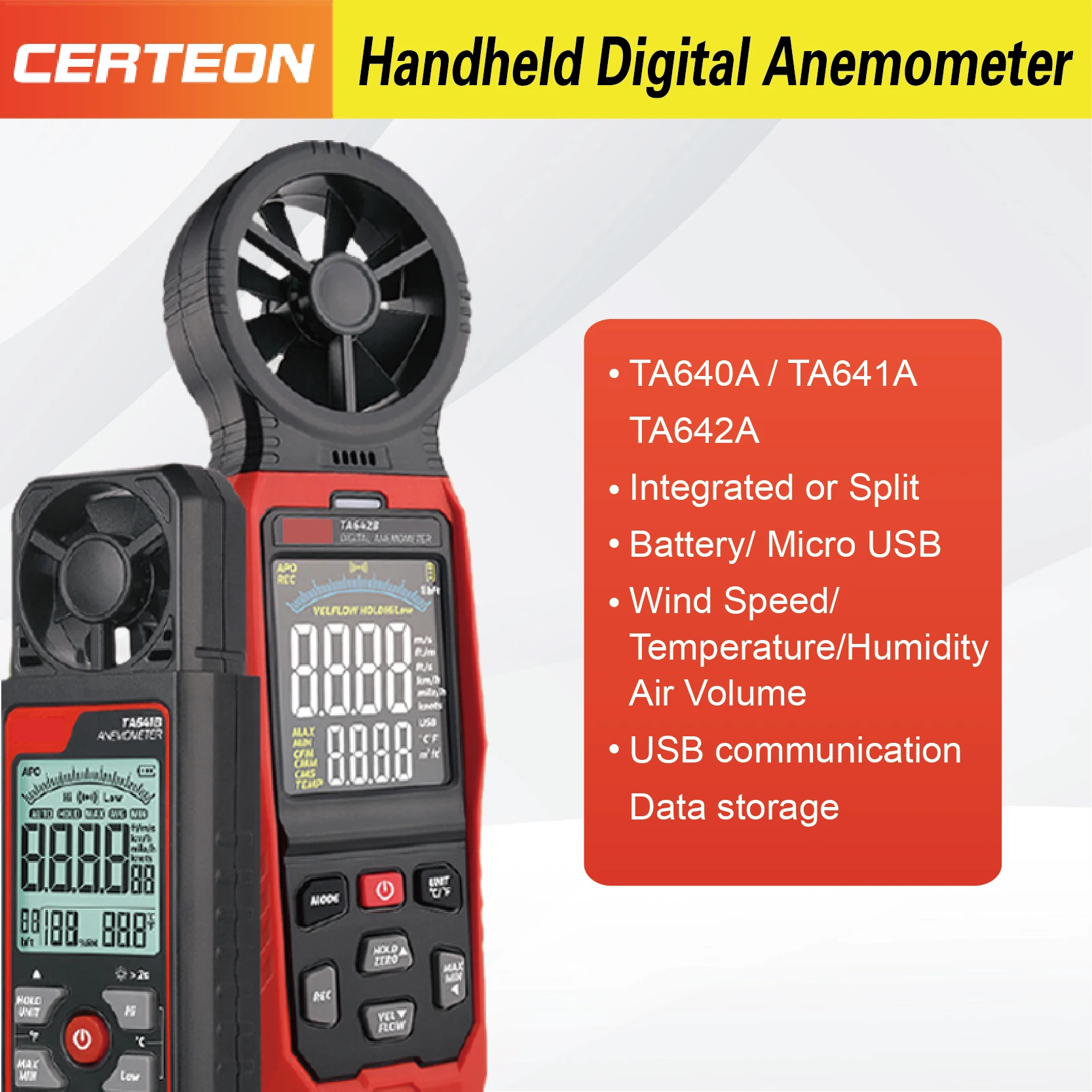 Air Velocity Meter Split Type Integrated Wind Speed Tester USB 5V TA640 TA641 TA642 High Precision Anemometer