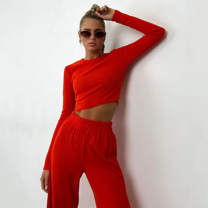 Two Piece Sets Women Solid Round Neck Full Sleeve Tops Casual Spliced High Waist Wide Leg Pants Elegant Lady Autumn Winter