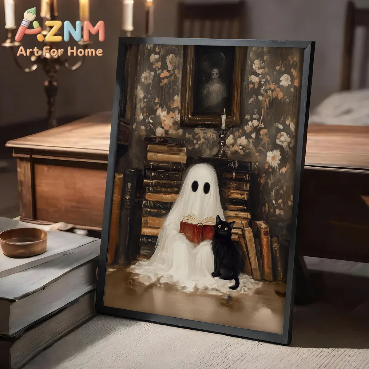 Prints Poster Whimsical Spooky Halloween Art Prints Fall Wall Art Home Decor Art Poster Ghost Black Cat in A Library Canvas