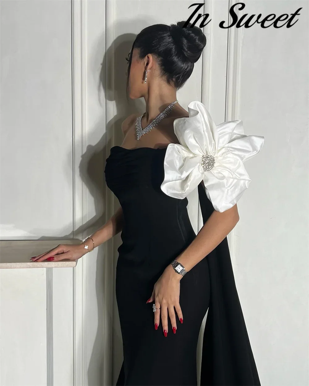 Customized One-Shoulder Pleat Flower Prom Gown Sheath Court Train Backless Evening Dresses Floor Length Elegant Party Dress Robe