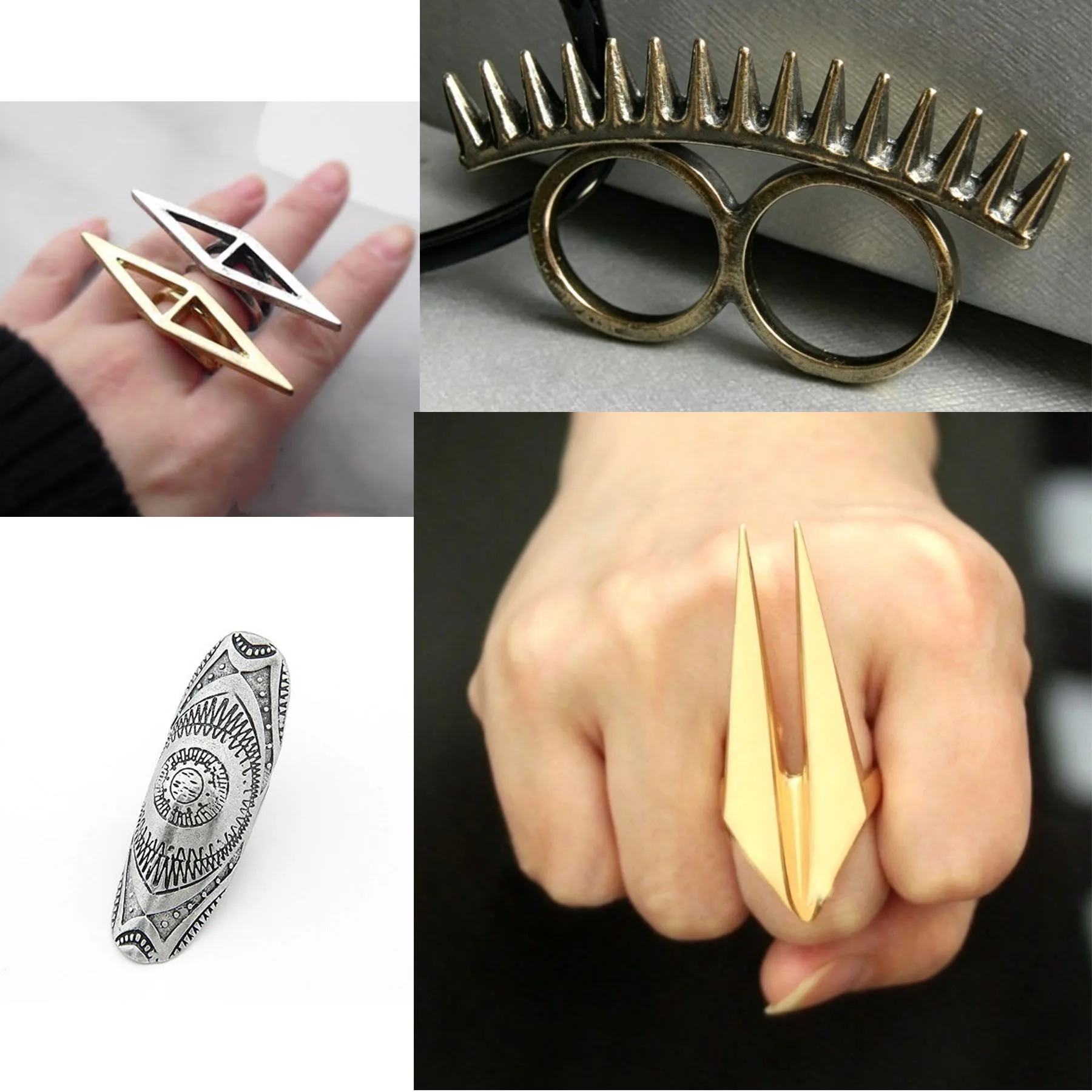 Gold Silver Metal Punk Rivet Sharp Ring Carving Shield Joint Ring