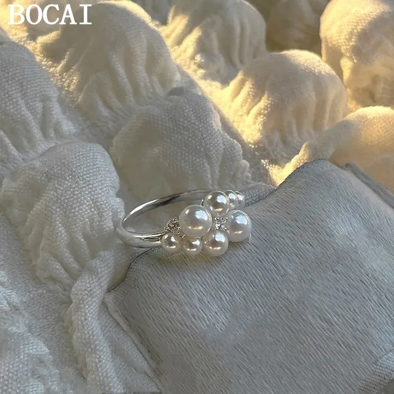 

BOCAI NEW S925 Silver Fashionable Personality Exquisite Zircon Pearl Ring Women's Style
