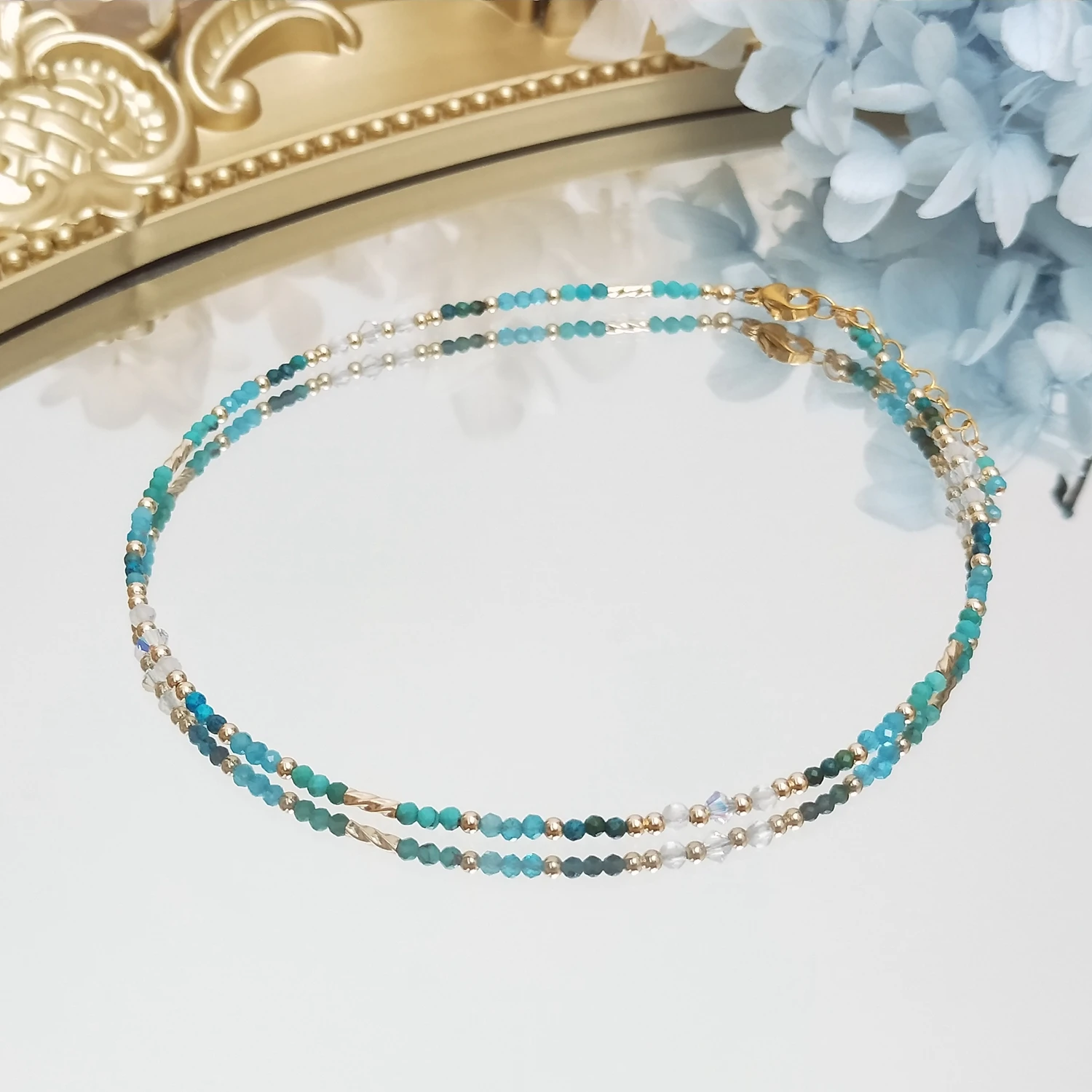 Lii Ji Turquoise Apatite Chrysocolla Natural Stone 2mm American 14K Gold Filled Anklet 27+3cm Handmade Jewelry For Women Girls