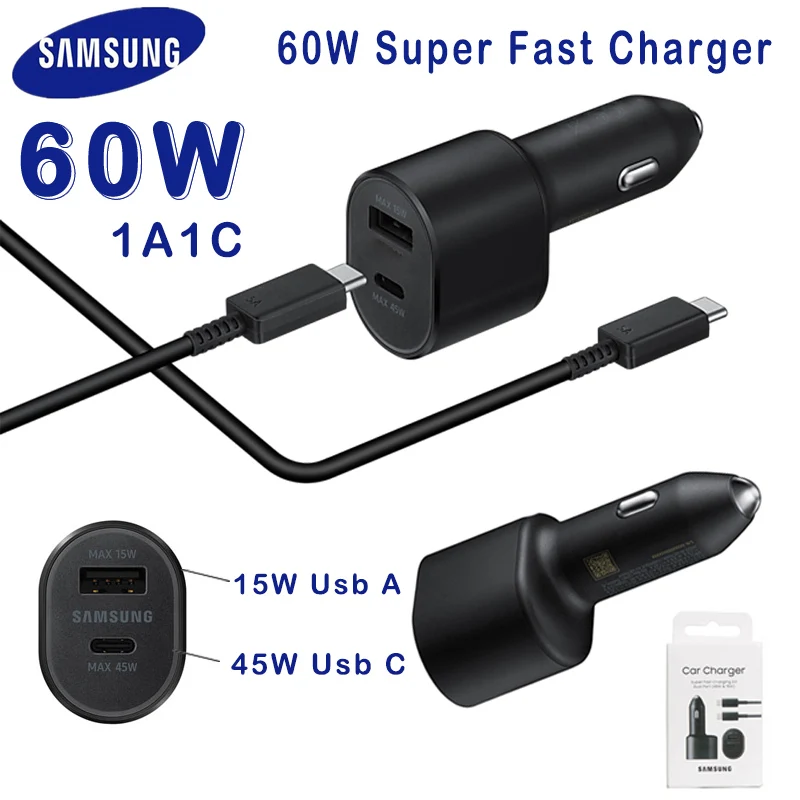 Samsung Phones Car Charger PD 60w Super Fast Charging 45w + 15w Usb C Auto Chargeur Cargador Galaxy A05 A24 A54 A53 A34 A23 A73