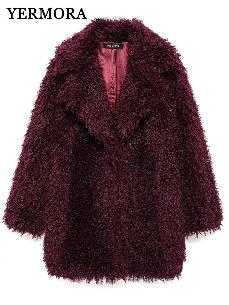 YERMORA Women Red Thick Tassel Casual Fake Fur Lapel Long Sleeve Loose Fit Casual Jacket Fashion Autumn Winter 2025 New A194