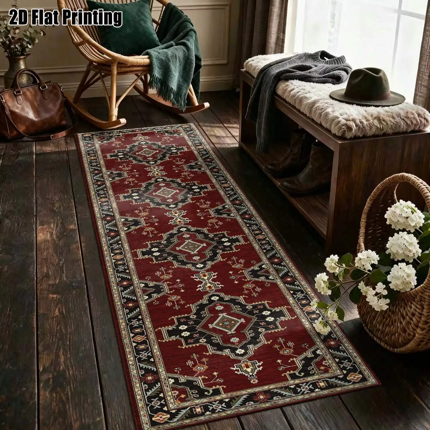 1Pc 2D Printed Burgundy Geometric Flower Long Strip Rug: Vintage, European, Bohemian Style, Machine Washable, Multi-Size, Home Decor for Entryway, Hallway, Living Room, Bedroom
