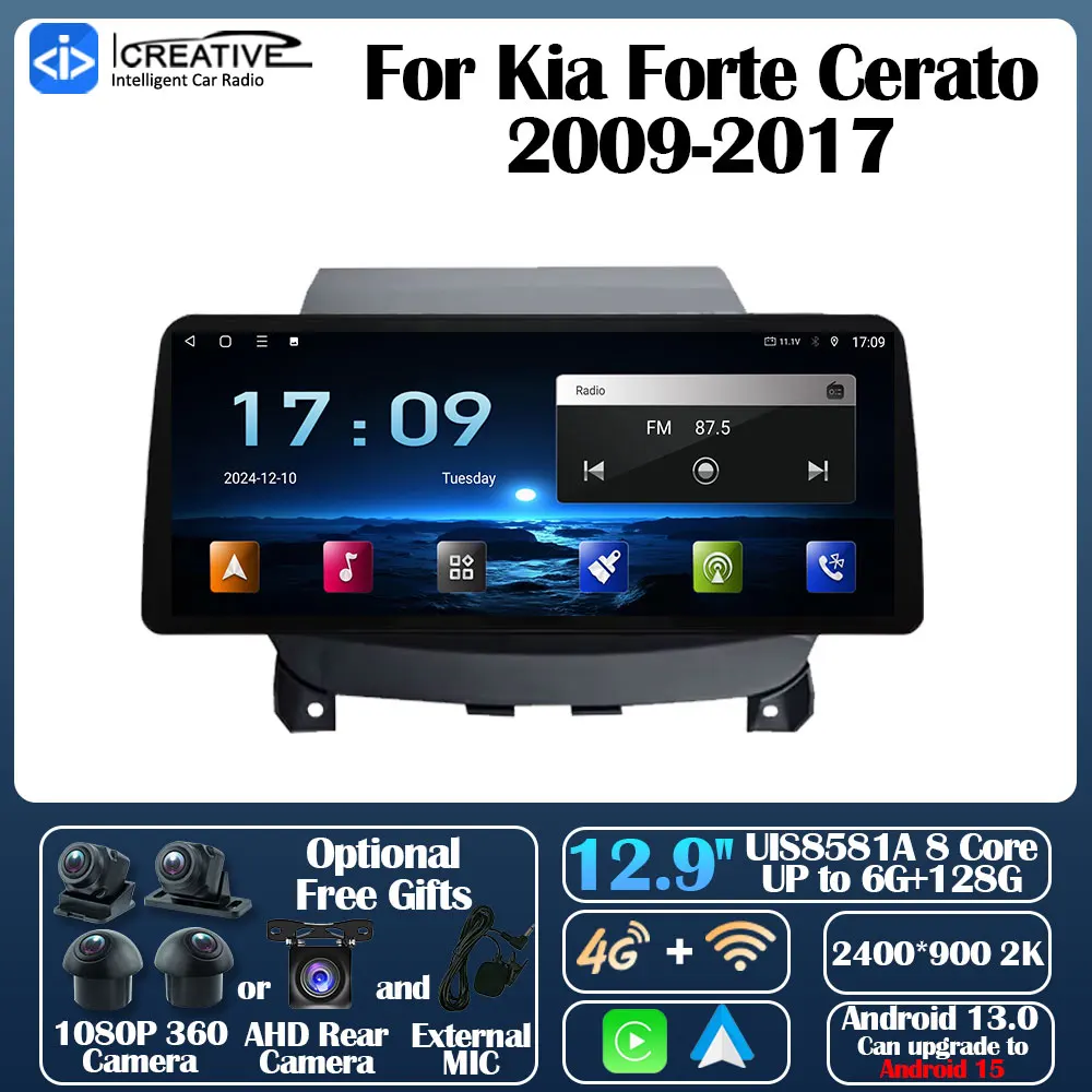 Android 13 Car Radio For Kia Forte Cerato 2009-2017 12.9inch Carplay Autoradio Auto GPS Navi  Multimedia Player Stereo 2din DVD