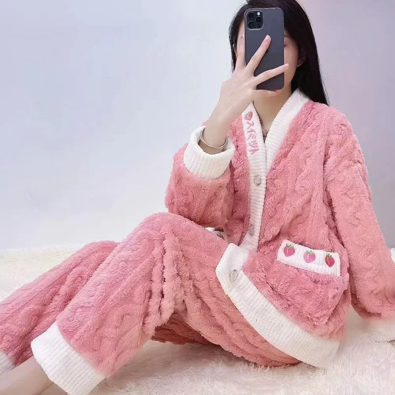 Women Winter Fleece Pajama Set V-neck Long Sleeve Fashion Warm Casual Cardigan Coral Fleece Strawberry Soft Home Wear Clothes