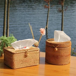 Rattan Tissue Box Desktop Toilet Paper Handkerchief Case Simple Napkin Holder Hand Woven Car Tissue Paper Dispenser Home Decor