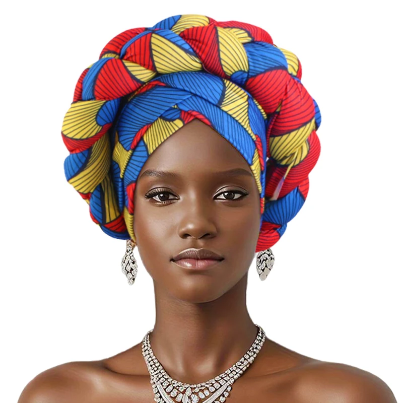 New African Print Twisted Large Braid Turban Hat Muslim Hijab Hat Elastic Head Wraps Headscarf Ramadan Headscarf Beanie Hats