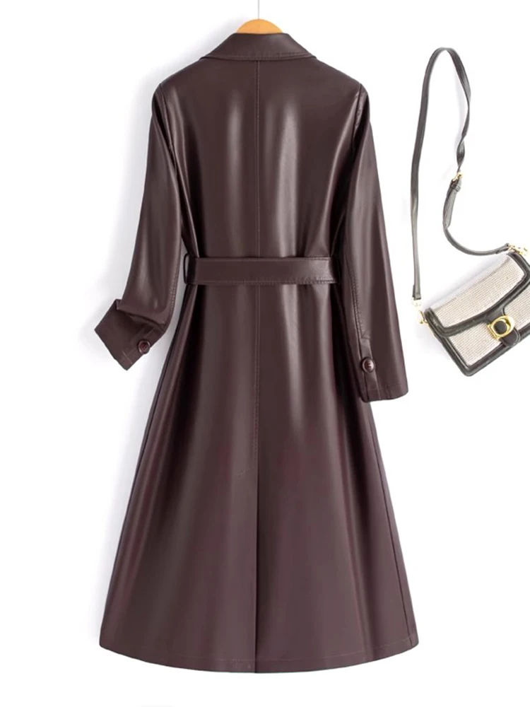 جديد نساء ربيع خريف جلد مقسم معطف موضة ياقة مطوية صدر مزدوج معطف جلدي أنيق معطف نسائي طويل