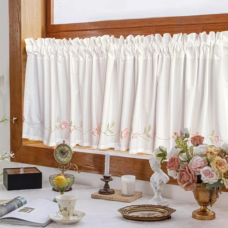 White Polycotton Curtains with Pink Floral Embroidery ,45cm Height, Rod Pocket , Perfect for Kitchen,Cafe,Casual Style Decor