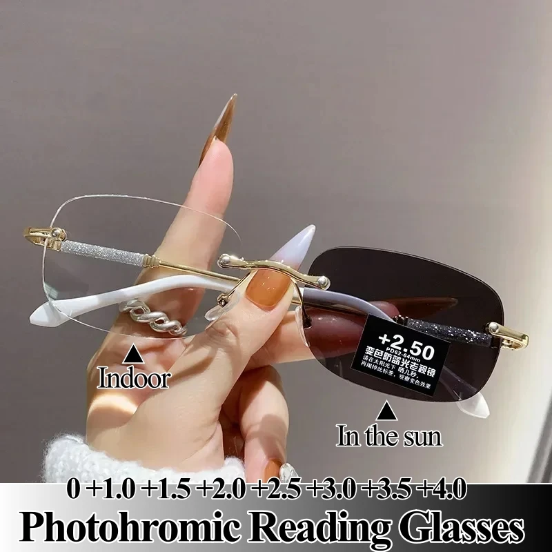 

2025 Fashion Rimless Photochromic Reading Glasses Anti-Blue Light/UV400/Transitions Lenses Readers for Men Women ( +1.0 to +4.0)