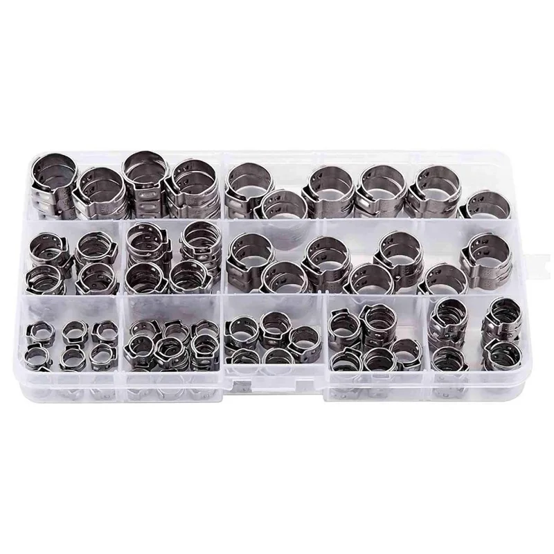 304 Stainless Steel Single Ear Hose Pipe Tubing Clips Clamp Cinch Rings Crimp Pinch Fitting Assortment Kit (130 Pcs)