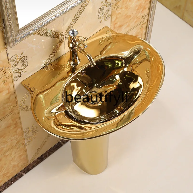 حوض غسيل قائم على الأرض باللون الذهبي على الطراز الأوروبي حوض غسيل من السيراميك #2