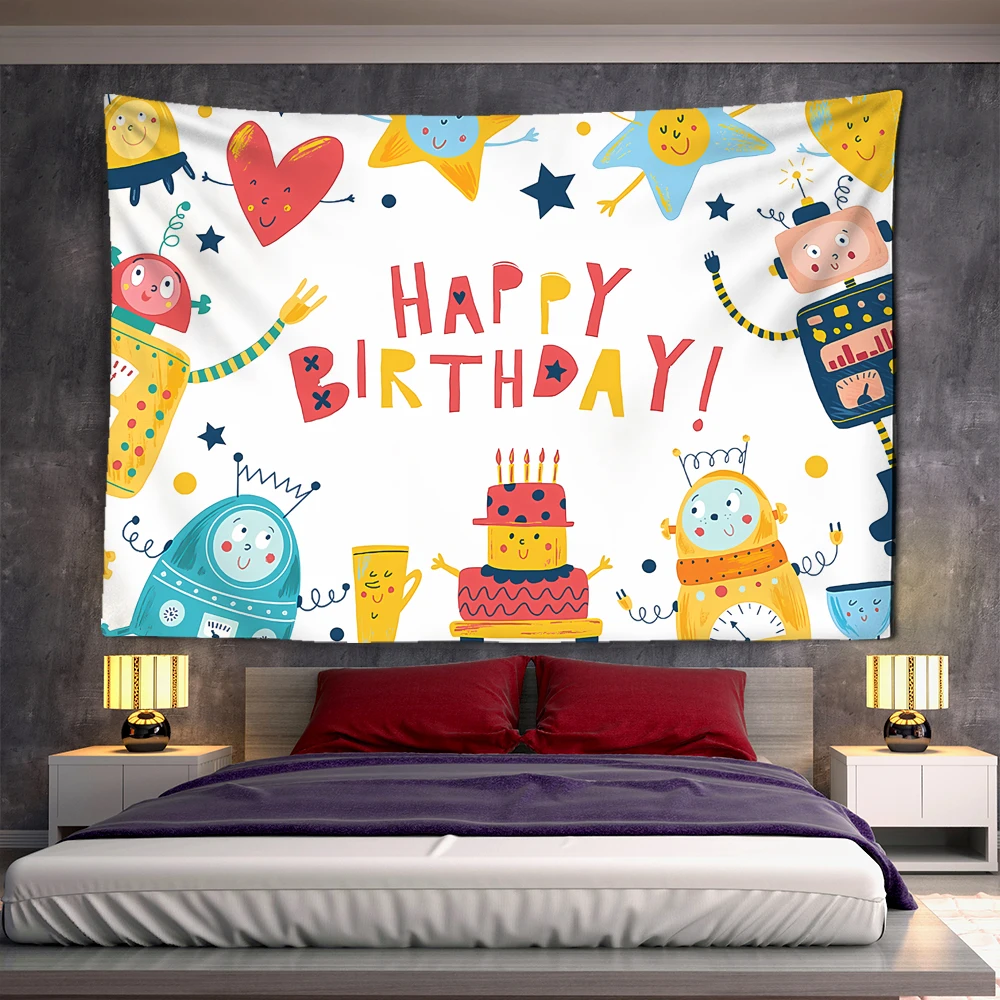 Happy Birthday Tapestry Lovely Cartoon Robot Tapestries Kids Room Decor Wall Covering Party Living Room Background Wall Cloth