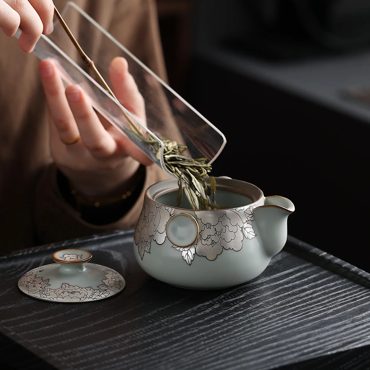 Silver Peony Ru Kiln Tea Set Portable Ceramic Hand Pot One Pot Four Cups Office Colorful Luxury Tea Maker Gift CupTravel Teaset