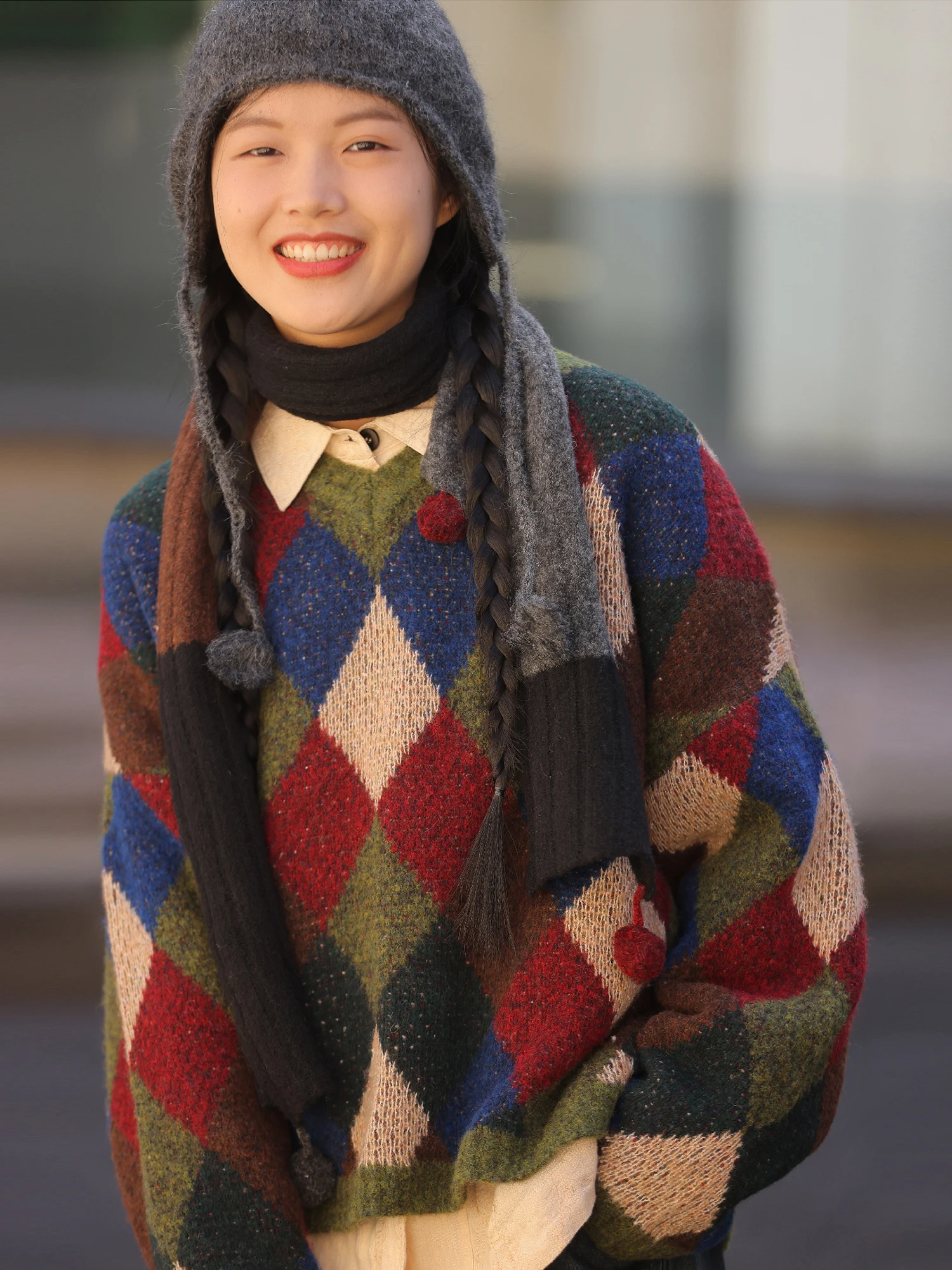 

Мягкий шерстяной свитер с V-образным вырезом, вязаный, в стиле пэчворк, с цветовыми блоками, свободного кроя, для повседневной носки, с длинными рукавами, зимний, модный, женский свитер