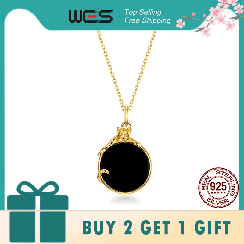 

WES 925 Sterling Silver Animal Amulet Vintage Norse Panther Pendant Necklace for Woman Black Agate Fine Jewelry Wedding Gifts