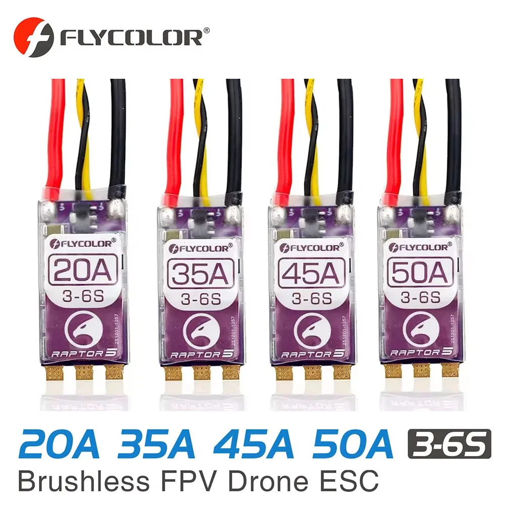 

FLYCOLOR Raptor5 Brushless ESC 3-6S Drone ESC 32Bit G701 PWM 128K Single 20A 35A 45A 50A ECS Dshot Proshot for FPV Racing Drones
