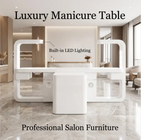 Luxury Modern White Manicure Table With Built-in LED Lighting Professional Nail Salon Furniture Equipment Factory Wholesale