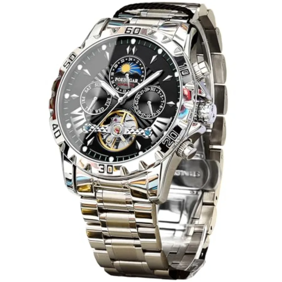

Mechanical Men's Watch, Moon Phase Tourbillon Automatic Self-Wind Wristwatch, Luxury Stainless Steel Band 43mm Big Dial Mens Wr