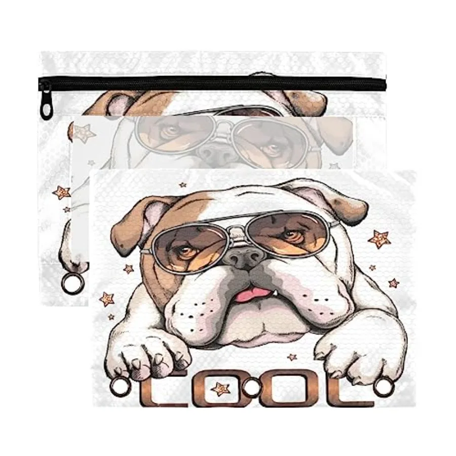 

Peil Pouch for 3 Ring Binder Cute English Bulldog Portrait Dog Sunglasses 2 Pack Binder Peil Pouch with Clear Window Peil Bags