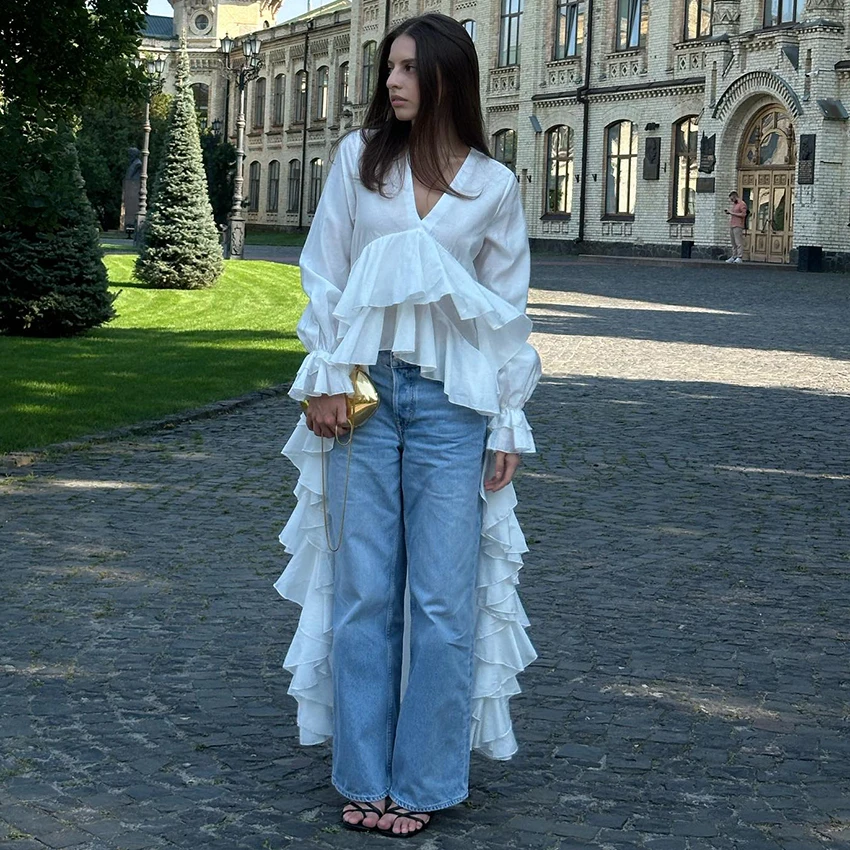 

Linad Casual Sheer Ruffles Folds Shirts Elegant White Flare Sleeve Woman Blouse Summer Sexy V Neck Irregular Top 2025 Autumn