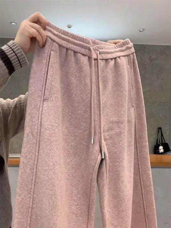 Pantaloni a Gamba Dritta in Maglia Foderati Rosa, Pantaloni Invernali Caldi e Snellenti da Donna con Vita Elastica Comoda