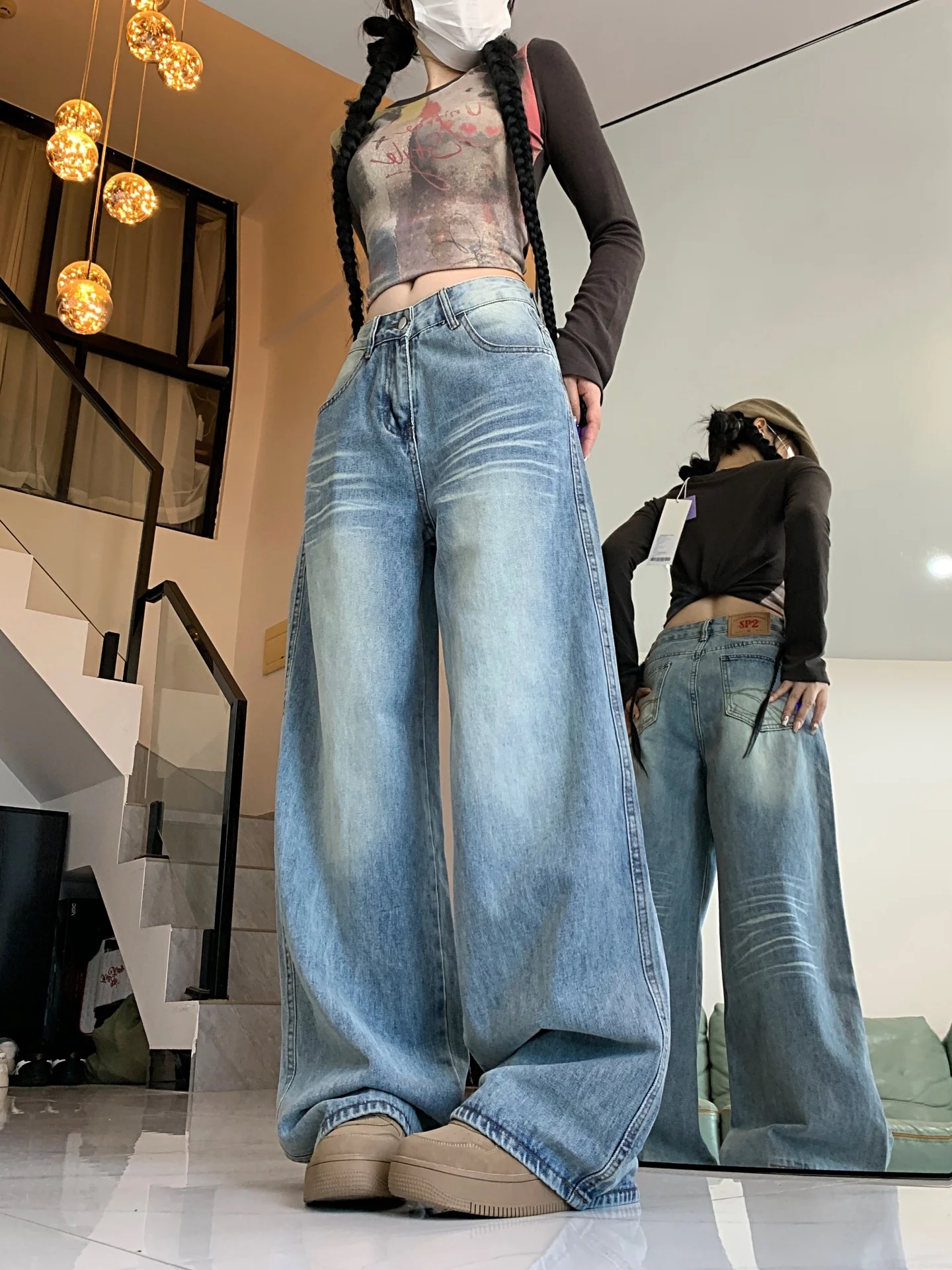 Celana Jeans Denim Retro Amerika Pinggang Tinggi Model Lurus dan Lebar untuk Wanita Ukuran Plus, Longgar, Meniruskan, Celana Musim Gugur