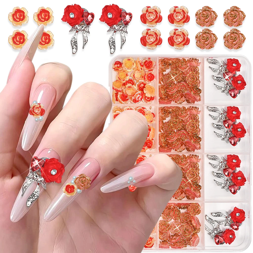 12Grid/box Red Resin Camellia Nail Charms Bow Rose Alloy Nail Art Decoration Shining Big Diamond Gold Powder Flower Nail Jewelry