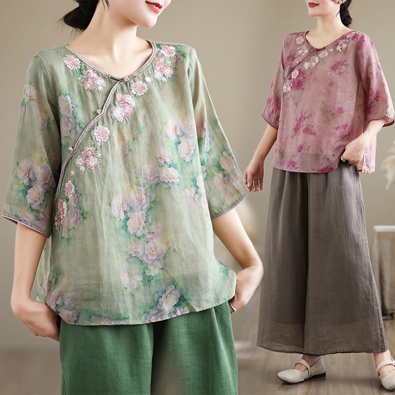 

Женская рубашка больших размеров: новая модель весна-лето, с принтом, вышивкой, пуговицами, бисером, цветочным узором, в повседневном стиле, с тонкими рукавами