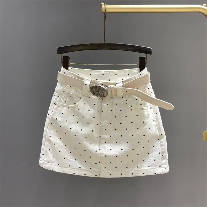 

Women Summer Sexy Hottie Slim Appear Thin Polka Dot Denim Skirt Ladies Simplicity Office Lady All-match Casual A-line Skirt