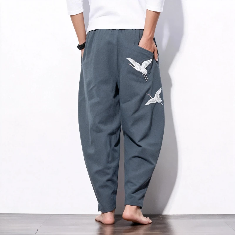 

Летние повседневные брюки в японском стиле: кимоно с изображением журавлей, юката в стиле Харадзюку, брюки-шаровары с широкими штанинами, молодежный мужской азиатский костюм с японским принтом