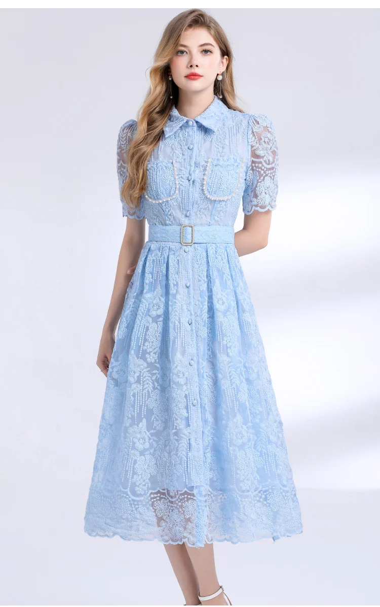 高品質ソリッドメッシュ刺繍スリムミディ丈ワンピース レディース ヴィンテージラペル半袖ラグジュアリービーズロングドレス ベルト付き
