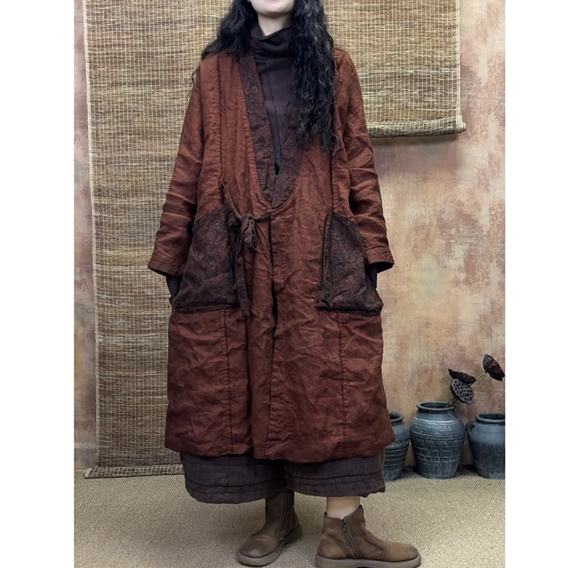2025 New Arrival Spring/autumn Women V-neck Casual Long Pocket Patchwork Open Stitch Good Quality Double-layer Cotton Coats S264
