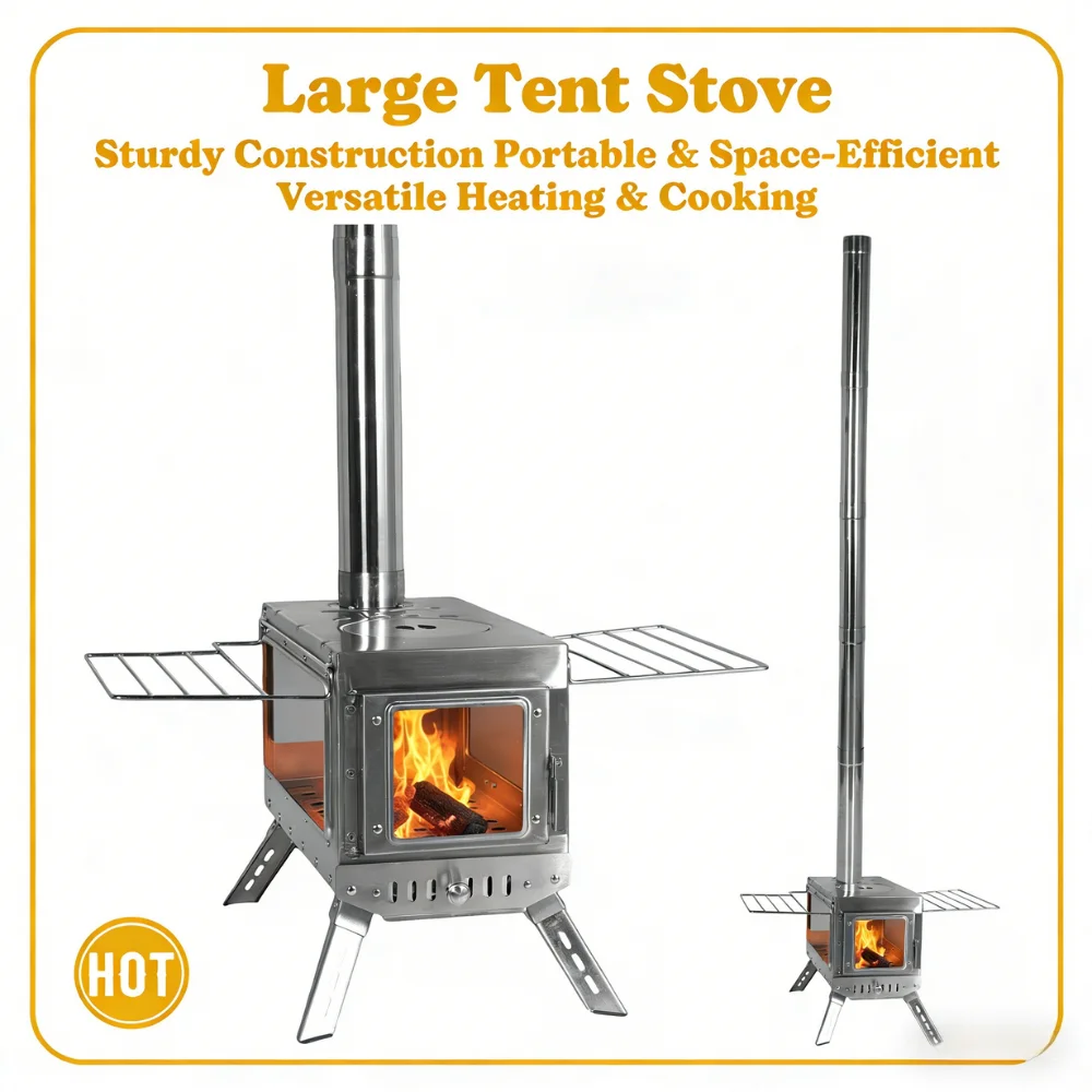 

Большая палаточная печь из нержавеющей стали с огнеупорным дымоходом для кемпинга, укрытий и палаток