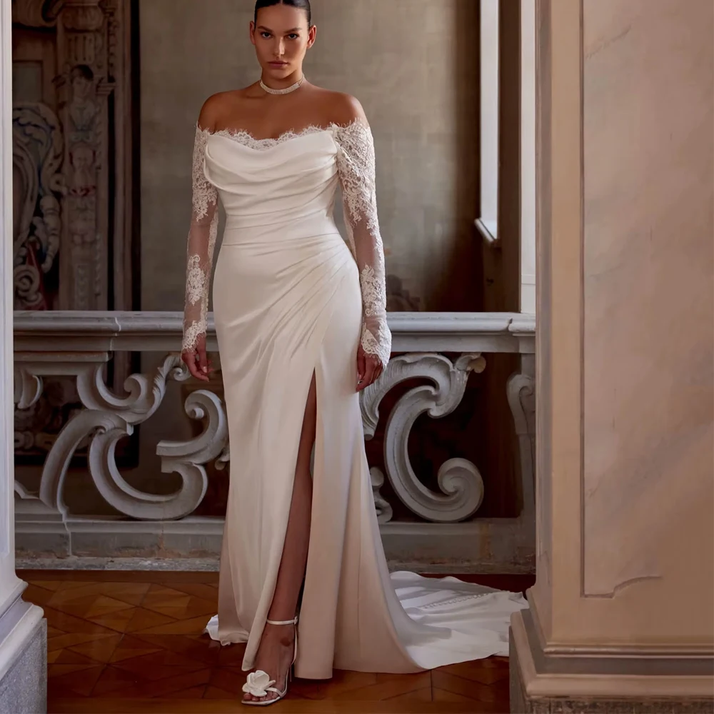 Customized Long Sleeve Plus Size Fit Wedding Dresses Off Shoulder Satin Vintage Lace Bridal Gowns Mermaid Slit Bridal Gown