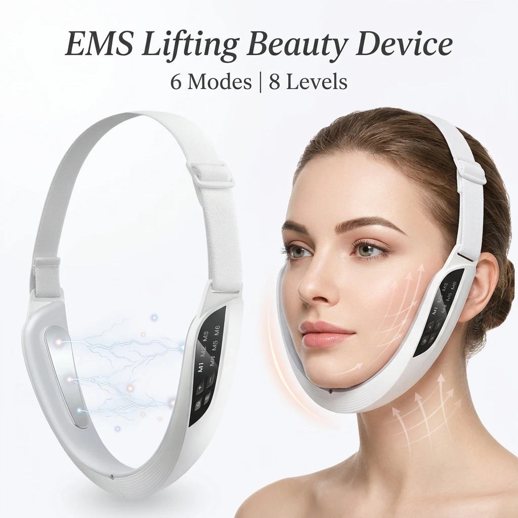 Dispositivo de Lifting Facial V EMS Eléctrico, 6 Modos 8 Niveles Microcorriente, Masajeador Reafirmante Doble Papada Cuidado